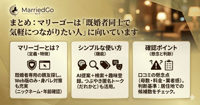 まとめ:マリーゴーは「既婚者同士で気軽につながりたい人」に向いています